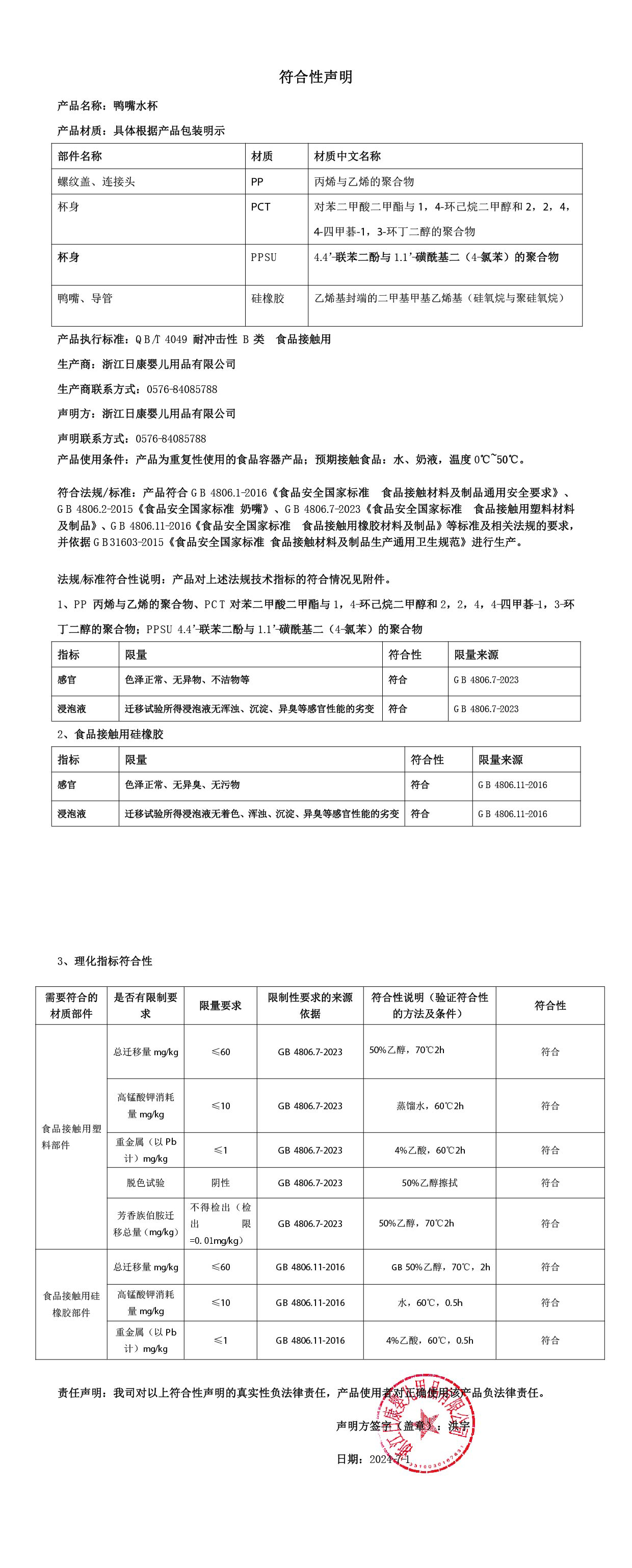 鴨嘴水杯符合性聲明2024